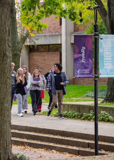 High school students on a Goshen College campus tour for Nursing and Public Health career day