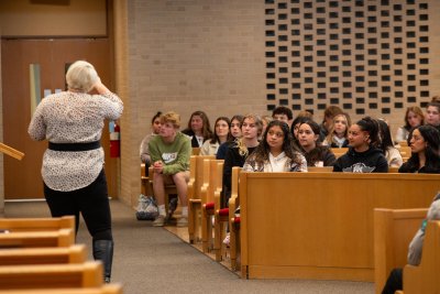 High school students engage with speakers during Nursing and Public Health career day