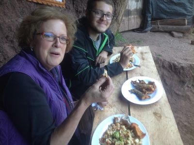 Karen and Alberto eating the meal of chicharrones de trucha.