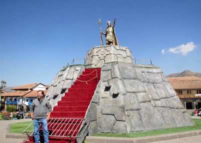 The fountain in the central plaza is currently covered with imitation Incan rocks, apparently for the Inti Raymi festival.