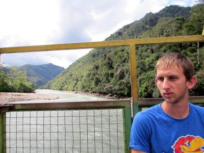 Crossing the Chanchamayo River to reach Kimo with Michael.