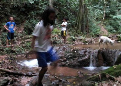 Josh crosses the river.