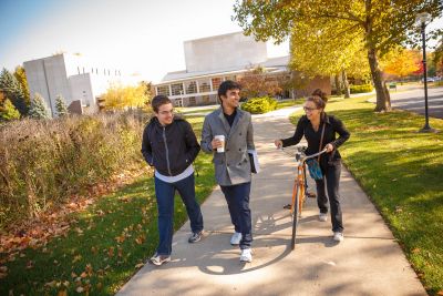 Goshen College students walking through campus